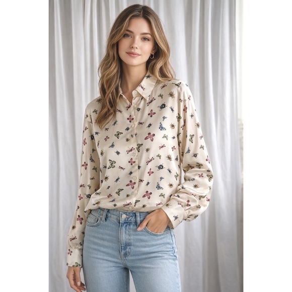 Zara Tops - ZARA Women's Cream Butterfly Insect Print Button Up Shirt Oversized M‎ 72-27